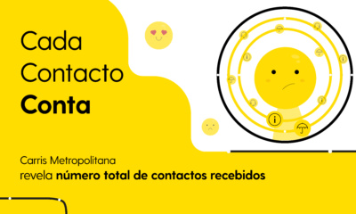 Cartaz com fundo amarelo e preto, com o título em destaque: “Cada Contacto Conta”. Abaixo, está escrito: “Carris Metropolitana revela número total de contactos recebidos”. À direita, há um emoji amarelo com expressão preocupada, cercado por ícones e círculos concêntricos, sugerindo comunicação ou análise de dados. Outros pequenos emojis aparecem ao fundo,