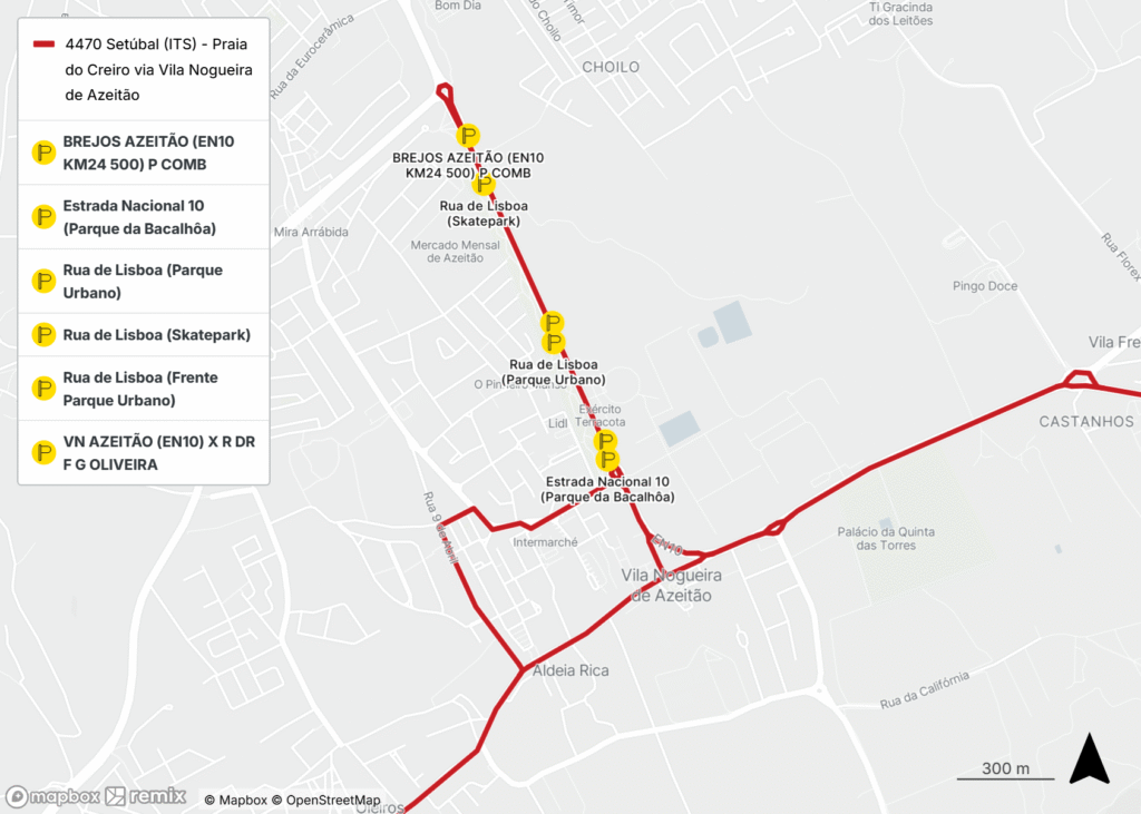 Mapa com as novas paragens da linha 4470:
BREJOS AZEITÃO (EN10 KM24 500) P COMB, Estrada Nacional 10 (Parque da Bacalhôa), Rua de Lisboa (Parque Urbano), Rua de Lisboa (Skatepark), Rua de Lisboa (Frente Parque Urbano) e VN AZEITÃO (EN10) X R DR F G OLIVEIRA.
