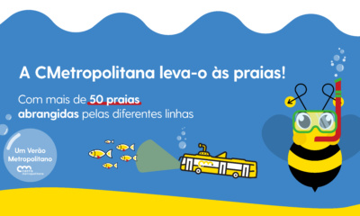 cartaz decorativo das linhas que levam às praias, com a mascote zume a nadar e um autocarro debaixo de água