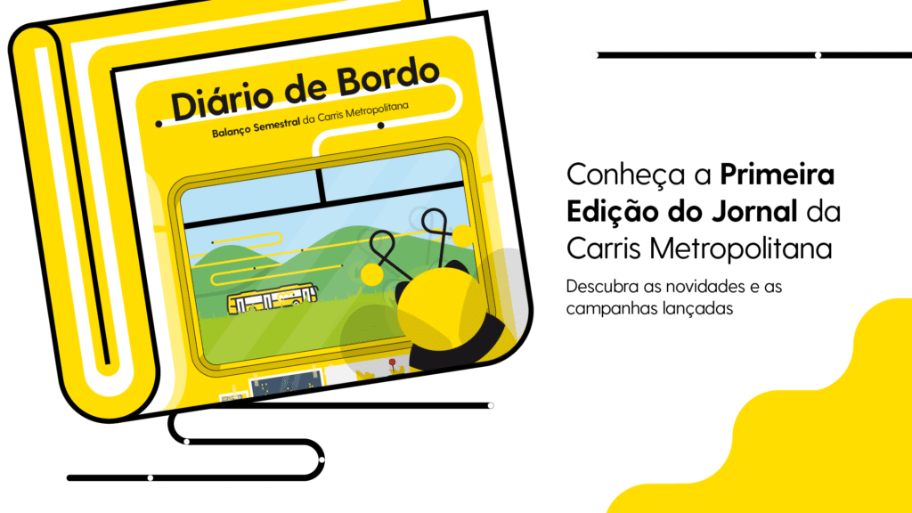 Banner amarelo e branco da Carris Metropolitana que anuncia a primeira edição do jornal “Diário de Bordo”.