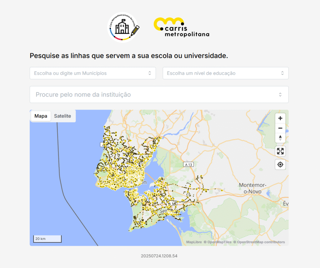 Captura de ecrã da plataforma das escolas da Carris Metropolitana. É possível ver o logo da marca no topo, barras de pesquisa e um mapa onde são localizadas as escolas.